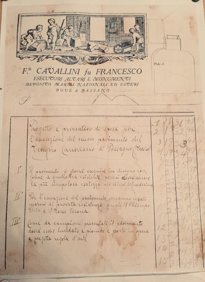 Documento originale per i lavori del Tempio di Canova a Possagno